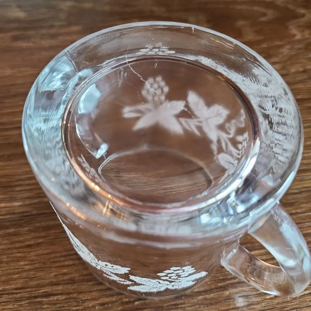 Vintage 50s Clear Glass Sugar Bowl Acid Etched With Grapes, Vine And Leaf Design